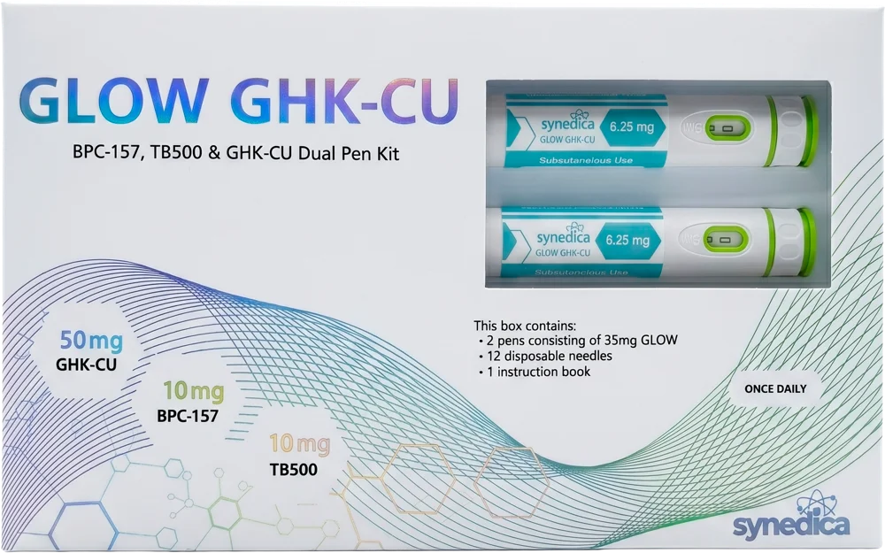 Synedica GLOW GHK-Cu / TB-500 / BPC-157 70mg Injection Dual Pen Kit — official product packaging